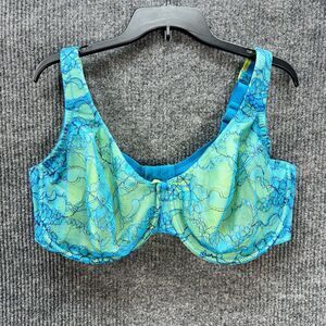 Cacique Bra 44F Unlined Underwire Lace Overlay Bright Blue Yellow Floral EUC